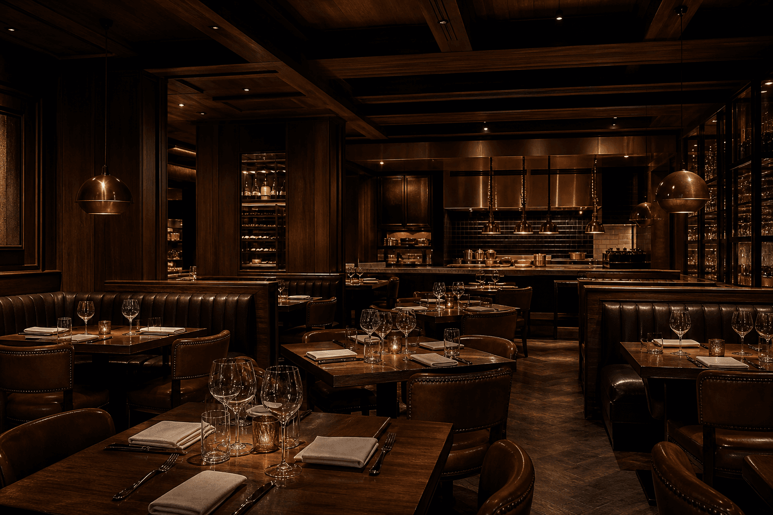 Upscale dark-wood steakhouse dining room