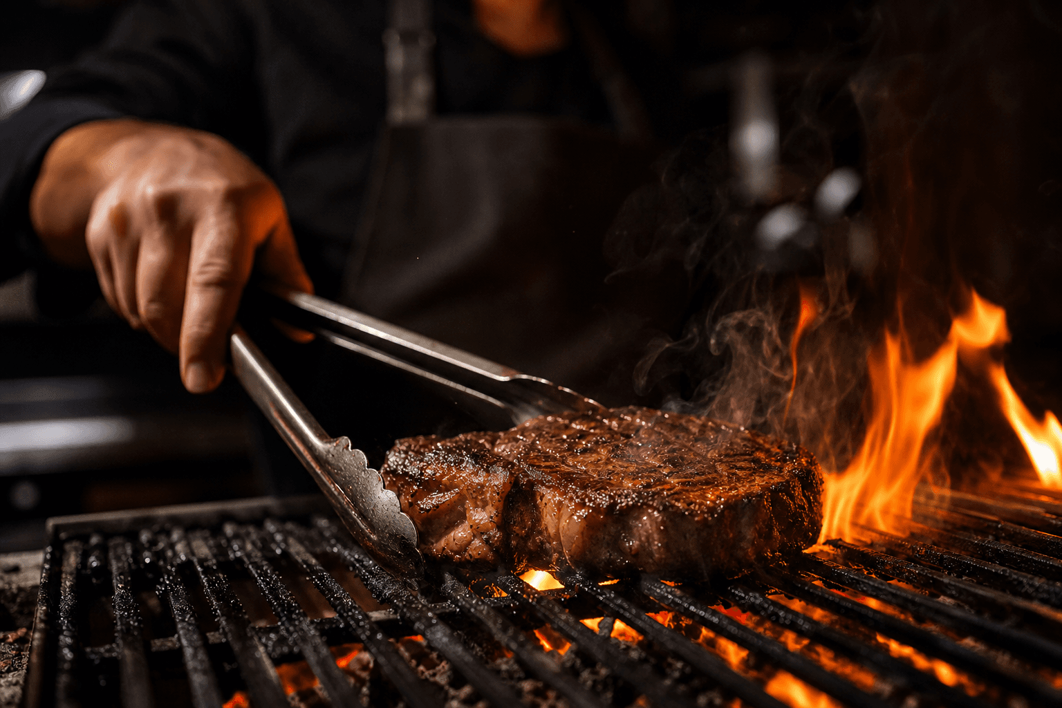 Chef searing a steak over an open flame grill