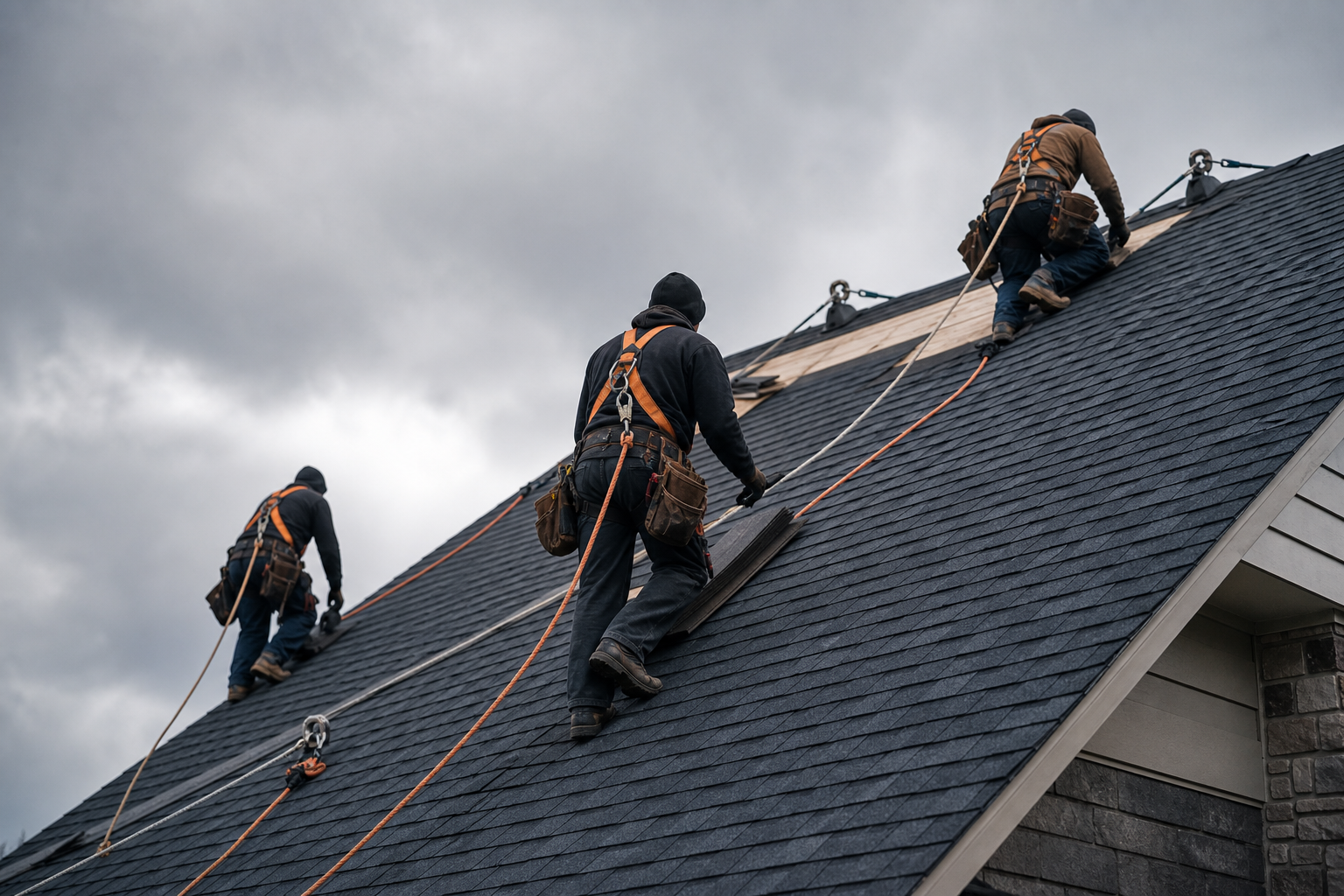 Ironclad crew member secured on a steep roof
