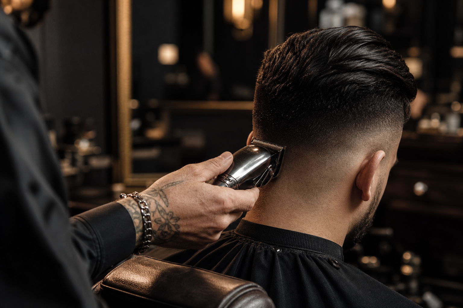 Barber's guarded clipper against a faded neckline